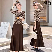 【初色】格紋撞色圓領長袖T恤上衣女上衣+純色中長款A字裙半身裙套裝-咖格衣咖裙-16640(M-2XL可選) 2XL 咖格衣咖裙