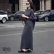 【初色】韓系慵懶圓領長袖寬鬆針織上衣女上衣+簡約修身半身裙長裙套裝-共2色-16641(F可選) F 灰色