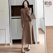 【初色】韓系V領長袖針織衫上衣女上衣+純色無袖圓領連衣裙連身洋裝長裙套裝-共2色-16642(F可選) F 駝色