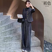 【初色】法式寬鬆半高領長袖上衣+圓領無袖馬甲背心+鬆緊腰闊腿褲長褲套裝-灰色-16627(M-XL可選) M 灰色