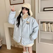 【MsMore】 雙面穿毛美式風刺繡外套寬鬆加厚小個子保暖# 126712 L 藍色