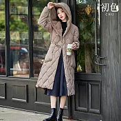 【初色】休閒寬鬆保暖菱格紋顯瘦收腰縮繩毛帽連帽拉鍊扣長袖羽絨大衣外套女外套-共5色-16589(M-3XL可選) M 卡其色