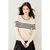 【MsMore】 針織衫條紋長袖學院風圓領短款毛衣# 126608 FREE 杏色