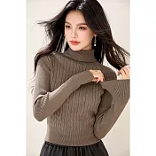 【MsMore】 針織衫內搭高領扭花長袖純色修身毛衣上衣# 126613 FREE 卡其色
