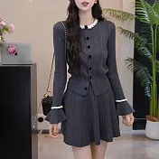 【MsMore】 法式顯瘦針織衫+半身百摺短裙兩件式套裝# 126693 FREE 灰色