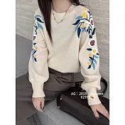 【MsMore】 刺繡花朵圓領毛衣針織衫上衣# 126697 FREE 白色