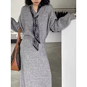 【MsMore】 絲巾V領針織衫+長裙兩件式毛衣套裝# 126689 FREE 灰色