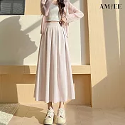 【AMIEE】純色毛呢半身百摺A字高腰女長裙(KDSQ-5575) L 米白