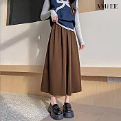 【AMIEE】純色毛呢半身百摺A字高腰女長裙(KDSQ-5575) M 咖啡