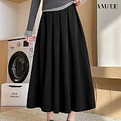 【AMIEE】純色毛呢半身百摺A字高腰女長裙(KDSQ-5575) M 黑色