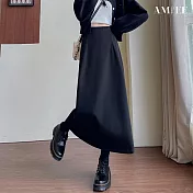 【AMIEE】純色毛呢半身開衩包臀高腰女長裙(KDSQ-8917) M 黑色