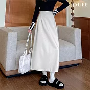 【AMIEE】純色毛呢半身開衩包臀高腰女長裙(KDSQ-8917) M 杏色
