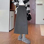 【AMIEE】純色毛呢半身開衩包臀高腰女長裙(KDSQ-8917) M 深灰色