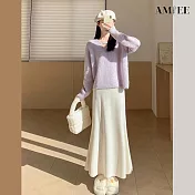 【AMIEE】純色毛呢半身魚尾A字高腰女長裙(KDSQ-122) M 米白色