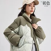 【初色】韓版潮流寬鬆厚款短款拼接撞色圖案線條印花立領長袖羽絨棉外套女外套-共4色-16595(M-2XL可選) M 綠色