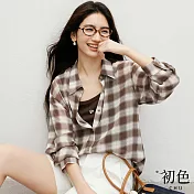 【初色】休閒寬鬆復古輕薄垂墜撞色格紋排釦翻領長袖襯衫上衣女上衣-咖色-16659(M-3XL可選) M 咖色