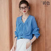 【初色】法式復古風鬆弛感純色褶皺單排釦V領長袖落肩袖襯衫上衣女上衣-藍色-16661(M-3XL可選) M 藍色