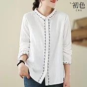 【初色】通勤風撞色花邊刺繡排釦翻領長袖寬鬆襯衫上衣女上衣-共3色-16435(M-2XL可選) M 白色