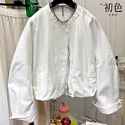 【初色】韓版純色褶皺圓領薄款飛行短版拉鍊長袖夾克外套女外套-白色-16437(L/XL可選) L 白色