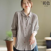 【初色】文青風直條紋彩色排釦寬鬆翻領長袖襯衫上衣女上衣-共3色-16454(M-2XL可選) M 咖啡色