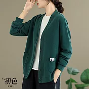 【初色】文藝復古純色寬鬆V領排釦長袖針織開衫外套女外套-共4色-16472(M-2XL可選) M 綠色