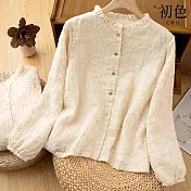 【初色】文藝風純色褶皺圓領刺繡單排釦長袖襯衫上衣女上衣-共2款-16448(M-2XL可選) M 小花
