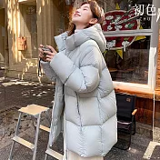 【初色】純色休閒簡約保暖蓬鬆拉鍊式連帽長袖羽絨衣外套女外套-共5色-16535(M-XL可選) M 淺藍色