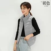 【初色】簡約休閒保暖防潑水收納式拉鍊立領無袖羽絨外套背心馬甲外套女外套-共11色-16519(M-3XL可選) M 灰色