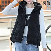 【初色】簡約保暖純色寬鬆連帽長袖拉鍊雙口袋連帽馬甲背心女背心-共4色-16600(L-2XL可選) L 黑色