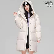 【初色】韓版簡約寬鬆顯瘦過膝長款連帽長袖保暖加厚羽絨外套女外套-共3色-16540(M/L可選) M 米白色