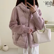 【初色】甜美風休閒保暖寬鬆厚款純色拼接連帽長袖針織羽絨外套女外套-共4色-16542(S/M可選) S 粉色