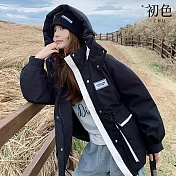 【初色】休閒寬鬆撞色保暖防寒工裝風大口袋拉鍊扣連帽長袖羽絨衣外套女外套-共3色-16524(M-L可選) M 黑色
