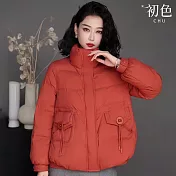 【初色】純色口袋立領長袖保暖防風禦寒羽絨外套女外套-共5色-16523(M/L可選) M 紅色