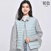 【初色】純色圓領/V領無袖羽絨保暖防風禦寒羽絨外套馬甲輕便背心女背心-共10色-16525(M-4XL可選) M 淺藍色