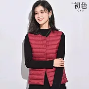 【初色】純色圓領/V領無袖羽絨保暖防風禦寒羽絨外套馬甲輕便背心女背心-共10色-16525(M-4XL可選) XL 酒紅色