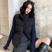 【初色】休閒簡約寬鬆保暖禦寒大口袋拉鍊式立領無袖羽絨外套馬甲背心女背心-共3色-16539(S-M可選) S 黑色