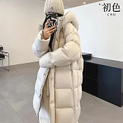 【初色】純色長袖拉鍊抽繩白鴨絨保暖羽絨服連帽外套女外套-共3色-16545(S-M可選) S 米色