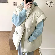 【初色】純色保暖禦寒防風立領無袖寬鬆大版型鵝絨羽絨外套馬甲背心女背心-共5色-16547(F可選) F 灰白色