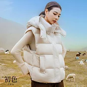 【初色】休閒純色寬鬆保暖連帽坎肩加厚羽絨外搭馬甲女背心-共3色-16549(M/L可選) M 米白色