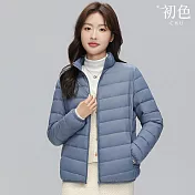 【初色】簡約氣質純色寬鬆輕薄短款保暖立領長袖羽絨外套女外套-共10色-16532(M-4XL可選) M 藍色