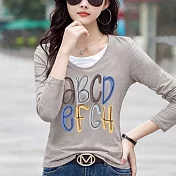 【MsMore】 大碼假兩件竹節棉印花寬鬆長袖T恤上衣# 126757 M 灰色