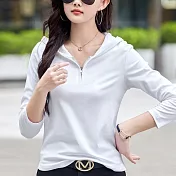 【MsMore】 連帽純色長袖T恤拉鍊寬鬆百搭上衣# 126758 M 白色