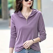 【MsMore】 連帽純色長袖T恤拉鍊寬鬆百搭上衣# 126758 M 紫色