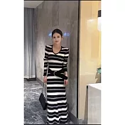 【MsMore】 韓國Chic顯瘦條紋V領長袖針織長版洋裝# 126676 FREE 黑色