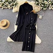 【MsMore】 名媛針織外套+修身背心金屬扣連身裙2件式套裝# 126682 FREE 黑色