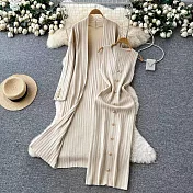 【MsMore】 名媛針織外套+修身背心金屬扣連身裙2件式套裝# 126682 FREE 杏色