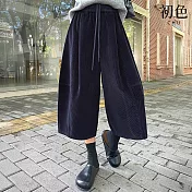 【初色】復古老錢風燈芯絨寬鬆顯瘦純色鬆緊高腰七分闊腿休閒褲寬褲長褲-共2色-16562(M-2XL可選) M 藏青色