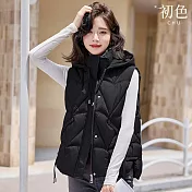 【初色】休閒寬鬆保暖繫繩縮口連帽坎肩立領排扣無袖馬甲外套女外套-共6色-16605(M-3XL可選) M 黑色