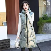 【初色】簡約亮面保暖修身直筒坎肩過膝中長版連帽無袖羽絨外套女外套-共2色-16608(L-3XL可選) L 香檳色