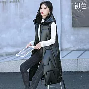 【初色】簡約亮面保暖修身直筒坎肩過膝中長版連帽無袖羽絨外套女外套-共2色-16608(L-3XL可選) L 黑色